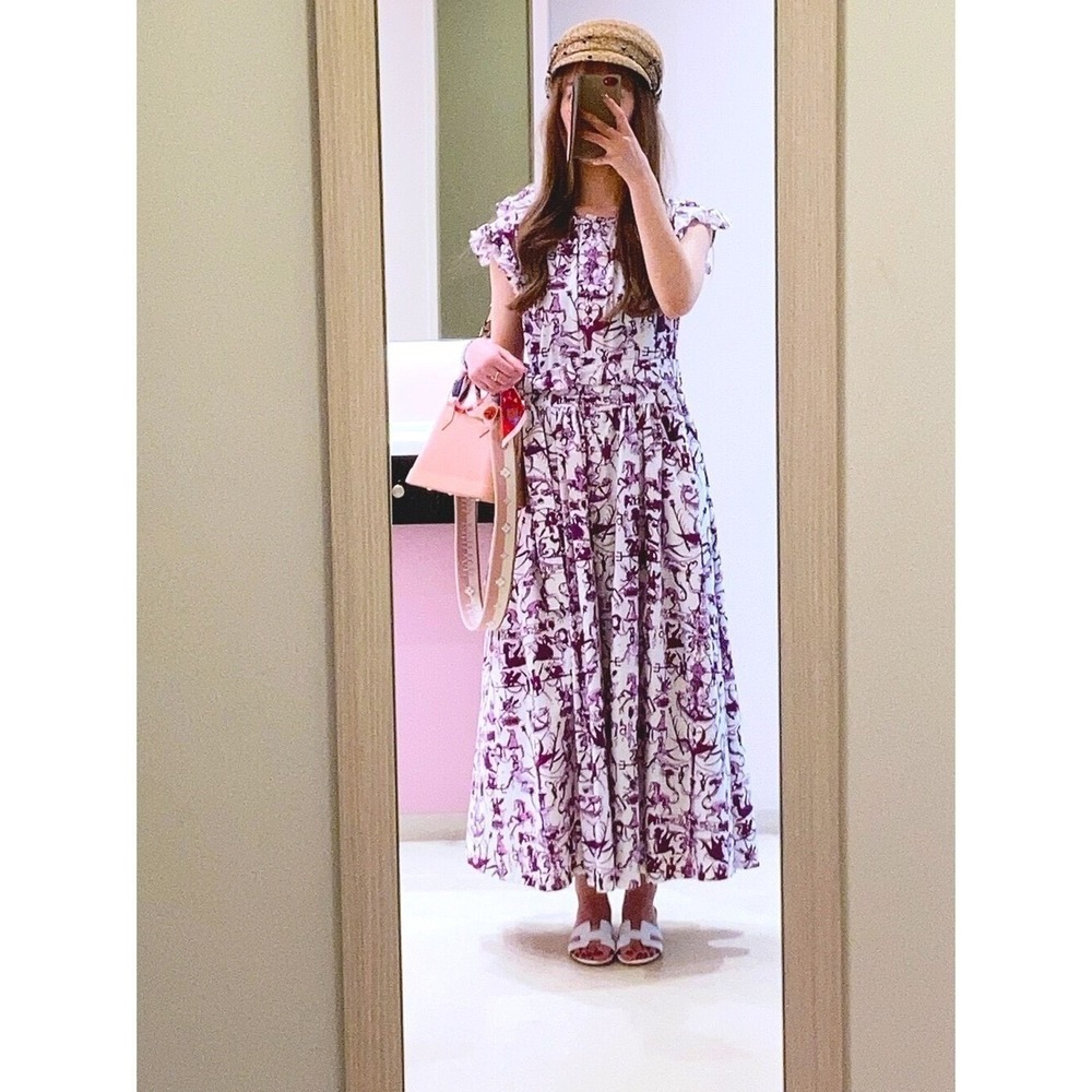 Patou White Purple Toile Flutter Sleeve Maxi Dress Size 36 or US Size 2 - Picture 4 of 14